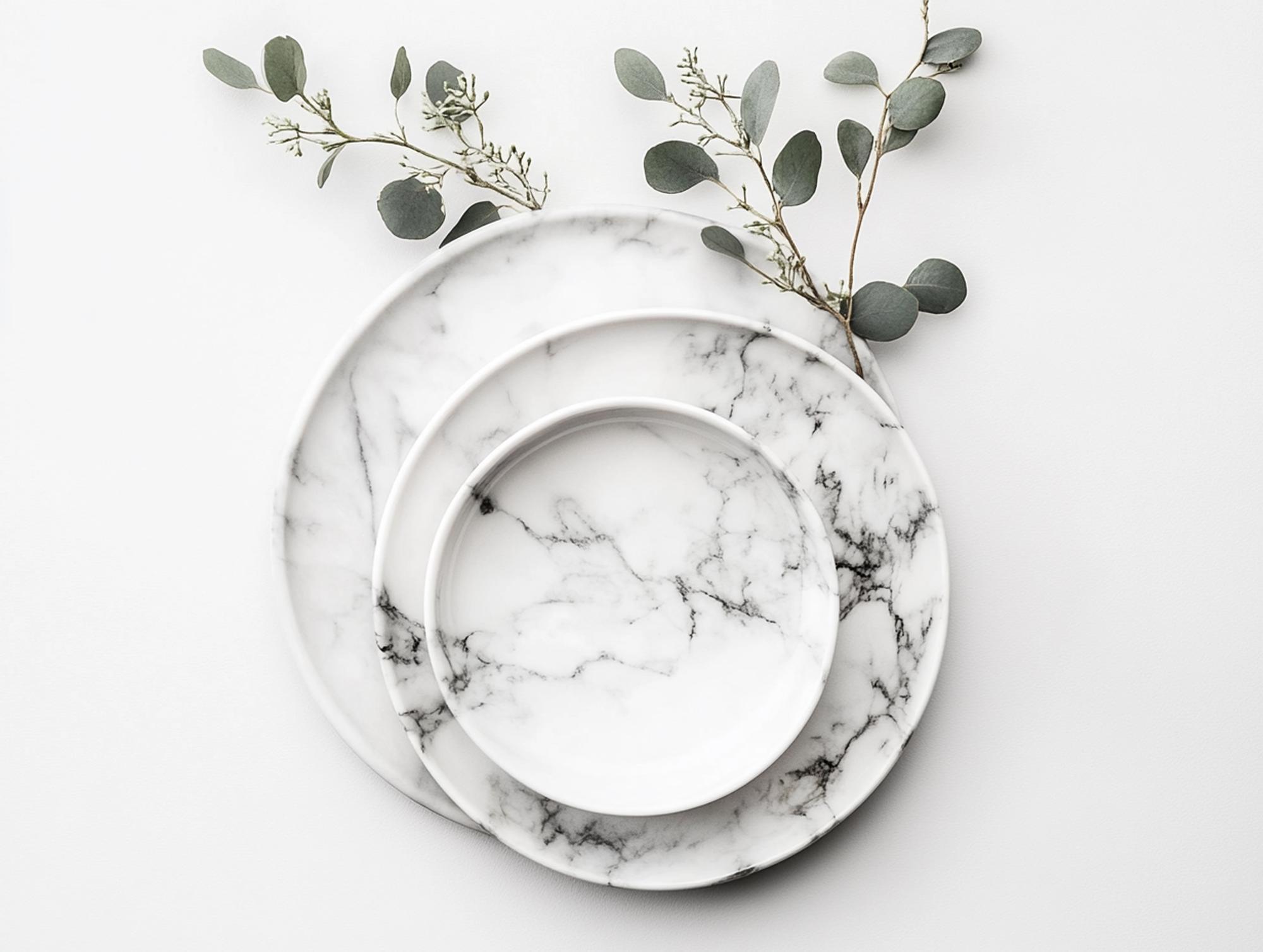 Assorted plated dishes on marble